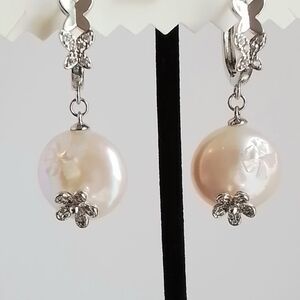 Silver Huggie Pearl Floral Drop Earrings